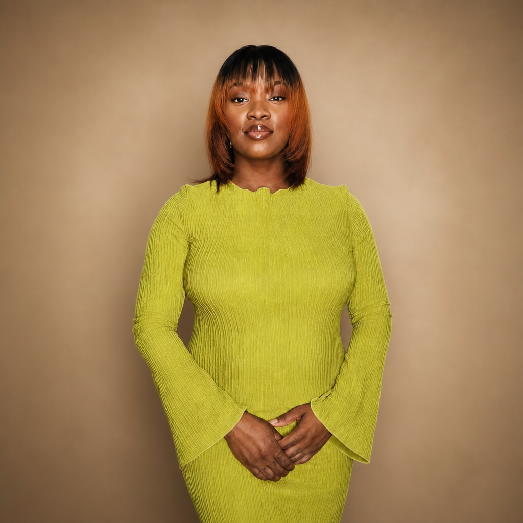 proud woman in green dress
